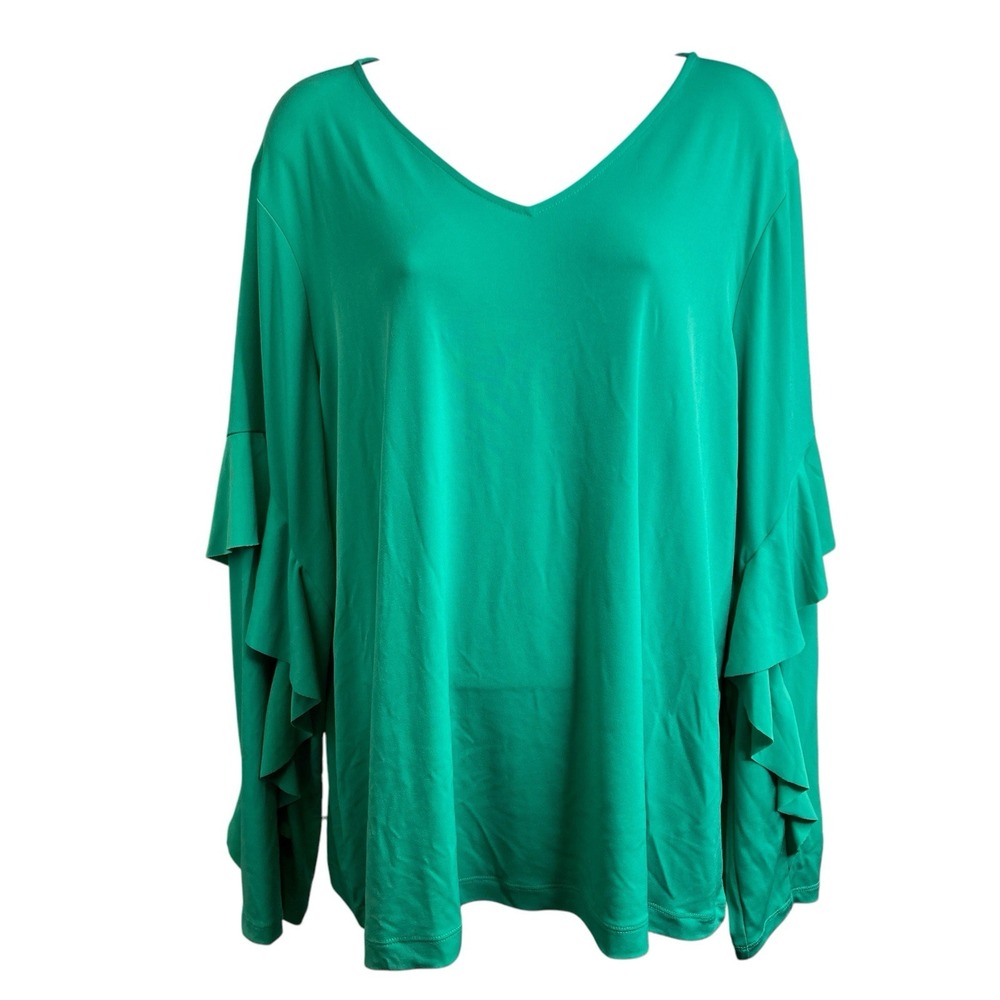 Susan Graver Green Liquid Knit Ruffle Top XL Flowy Travel Packable No-Wrinkle